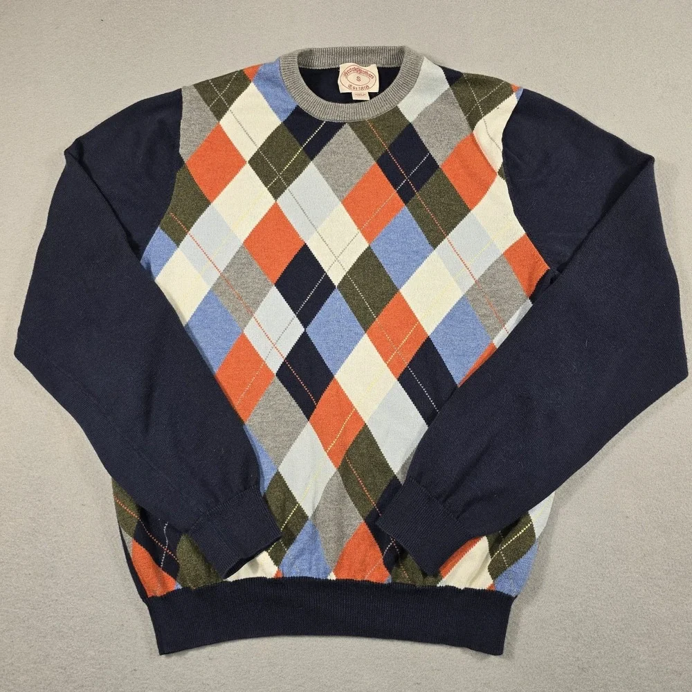 Brooks Brothers Mens‎ Small Blue Sweater Pullover Argyle Cotton Blend Crew Neck